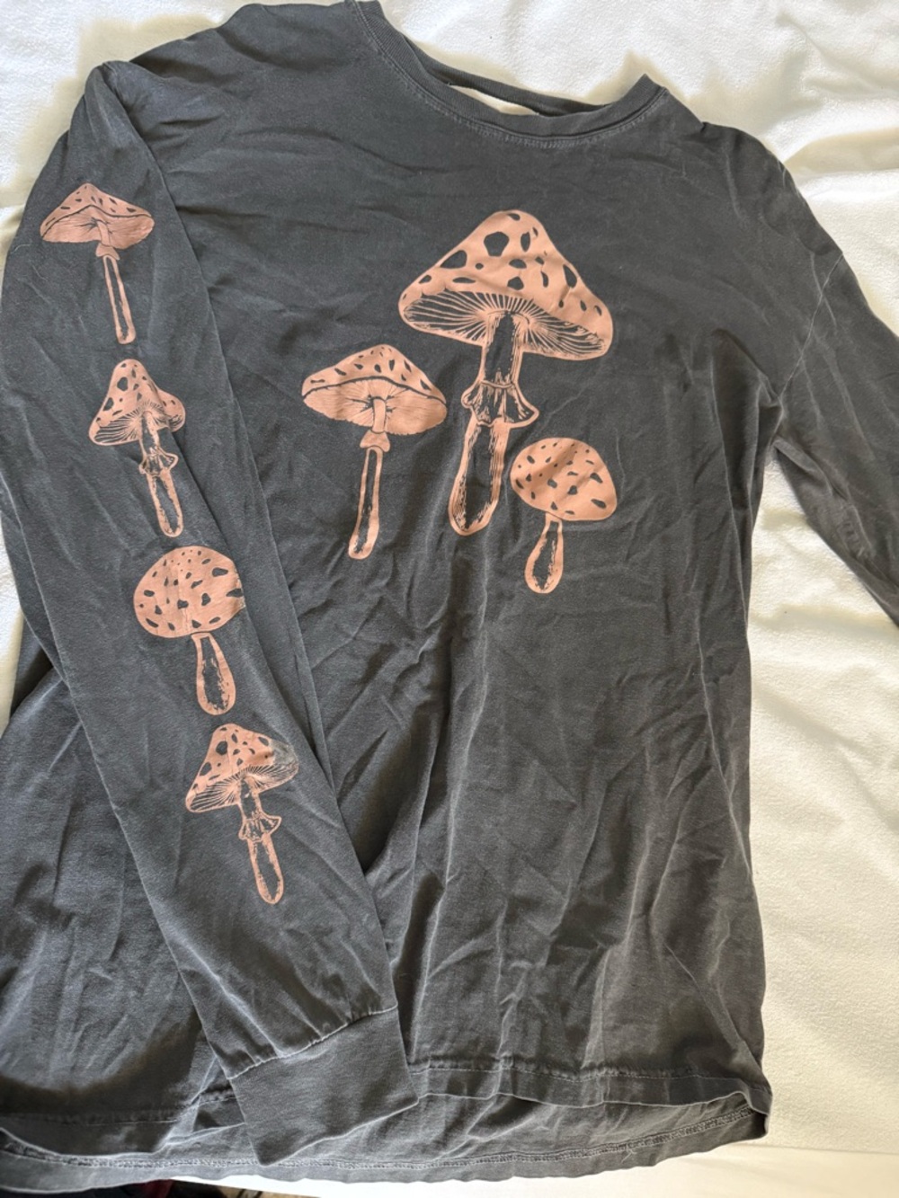 Men's Black Long Sleeve Tee with Peach Mushroom Print